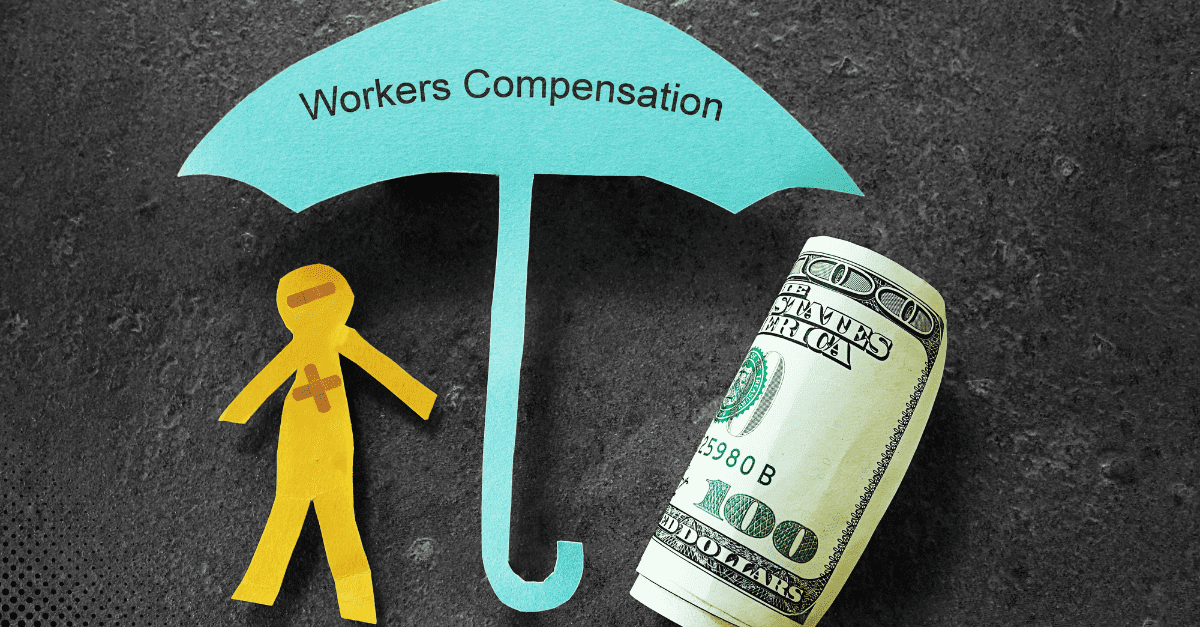 Illustration of workers' compensation concept with cutout figure, money, and umbrella.