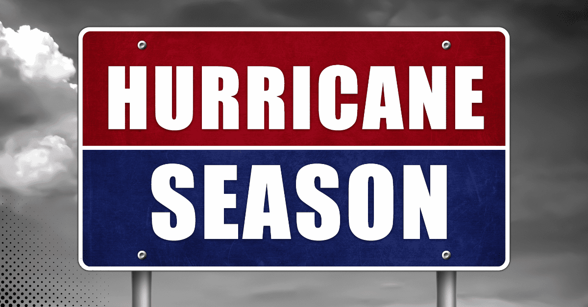 Hurricane season road sign with red and blue colors.