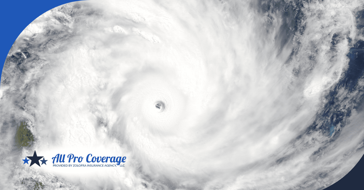 Satellite view of a powerful hurricane swirling over the ocean.