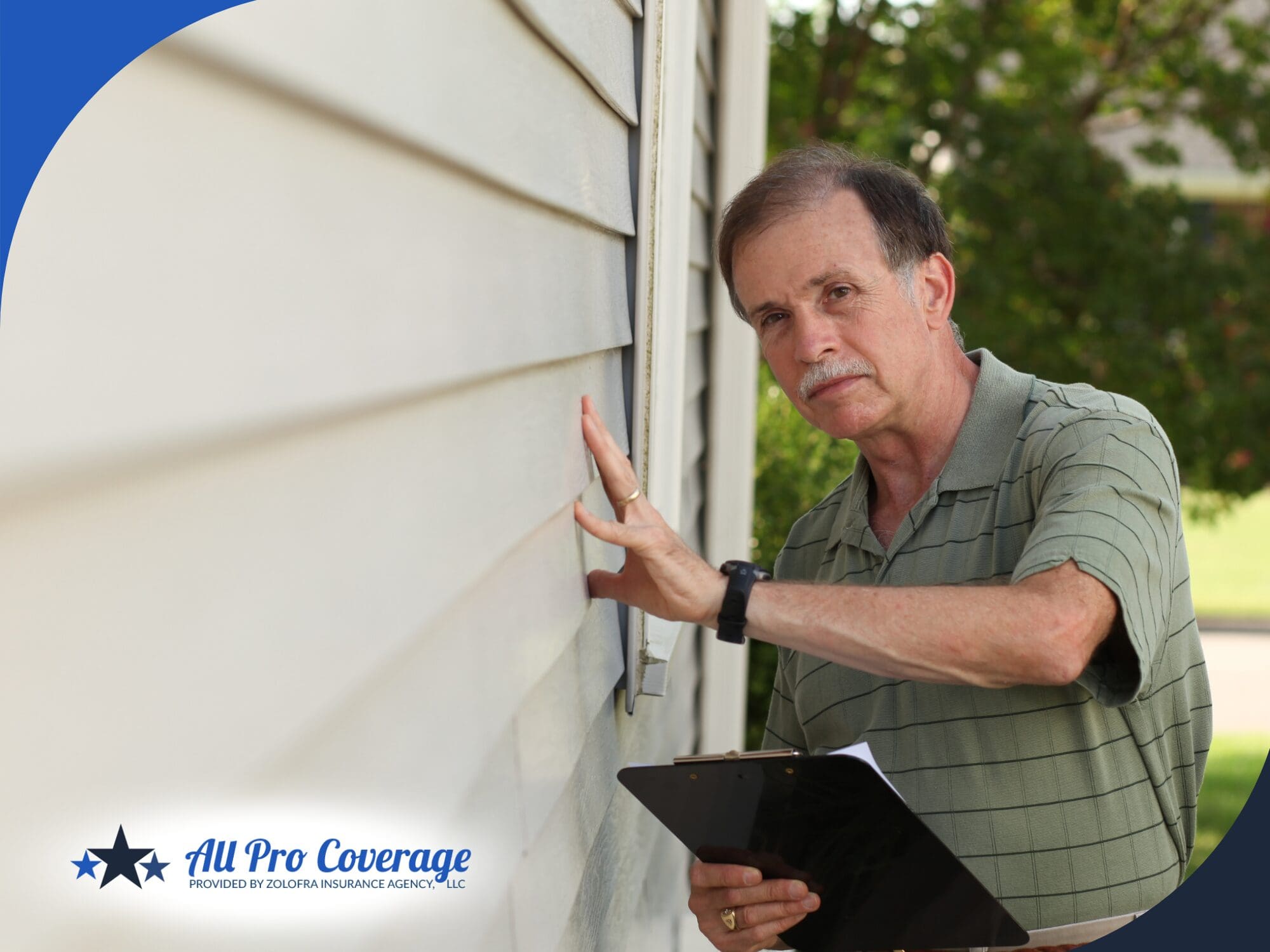 Home inspector assessing siding condition during an inspection.