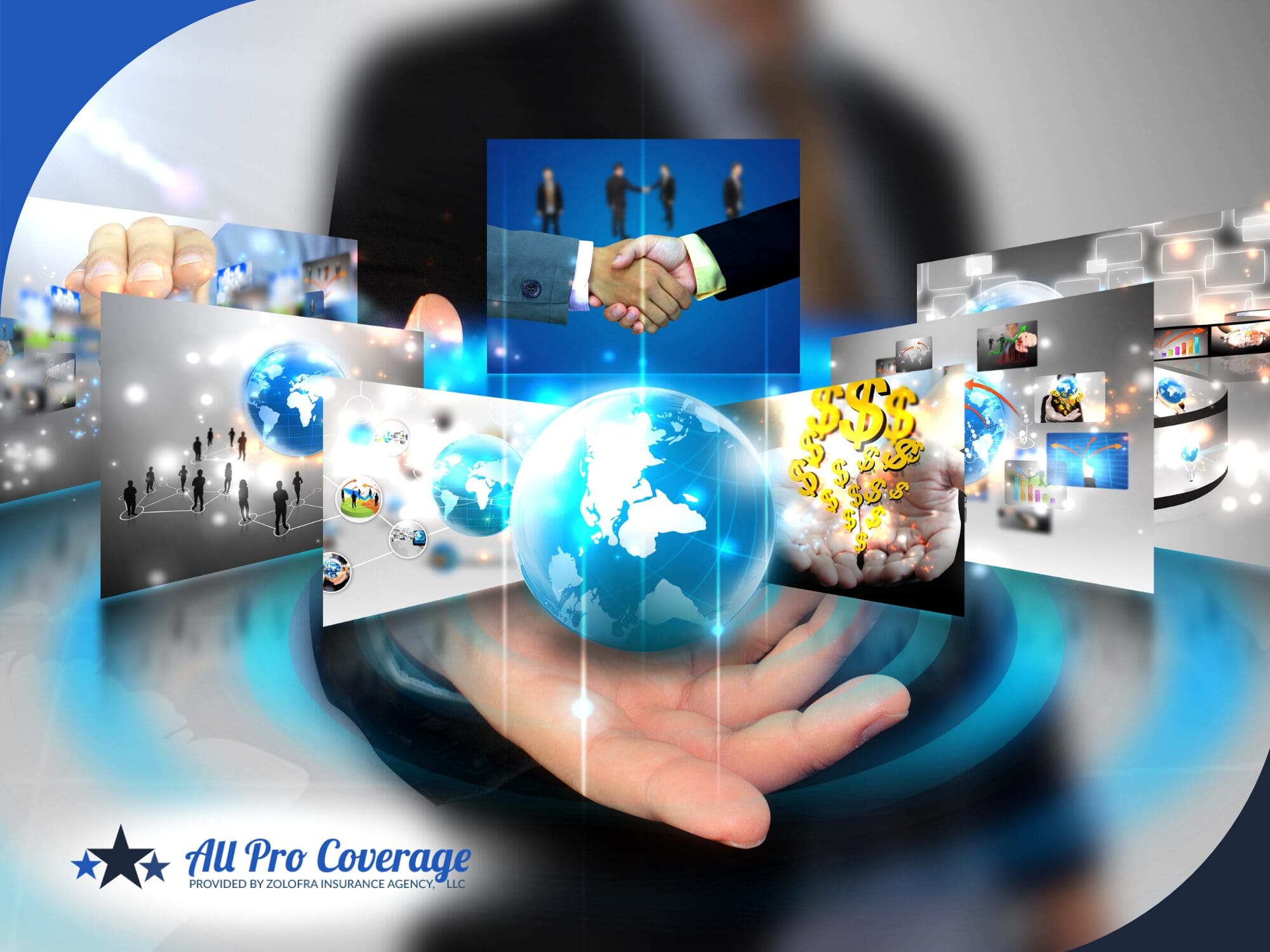 Digital collage showing global insurance and business concepts.