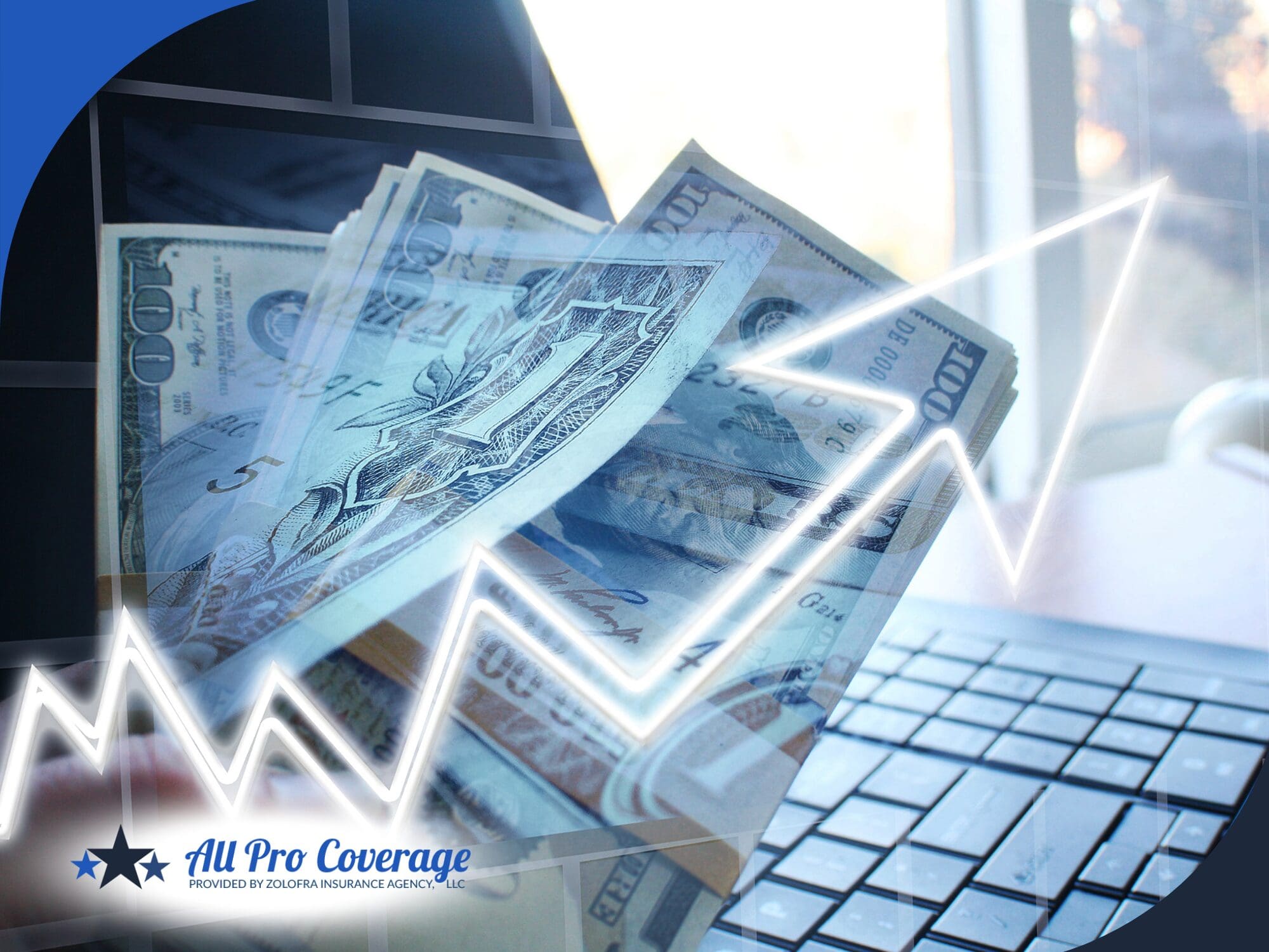 Cash held over a laptop with an upward financial graph overlay.