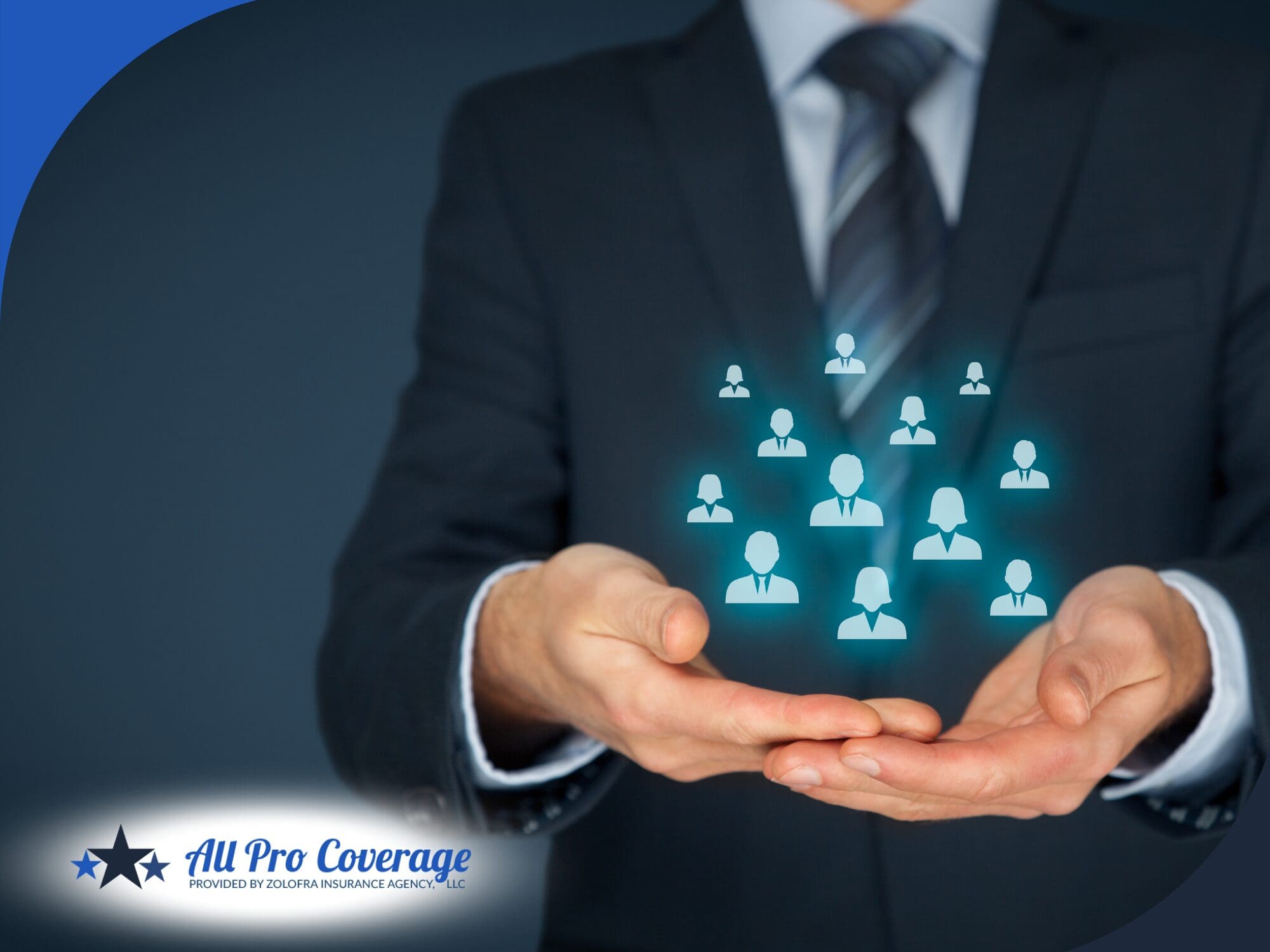 Businessperson holding digital icons representing people in their hands.