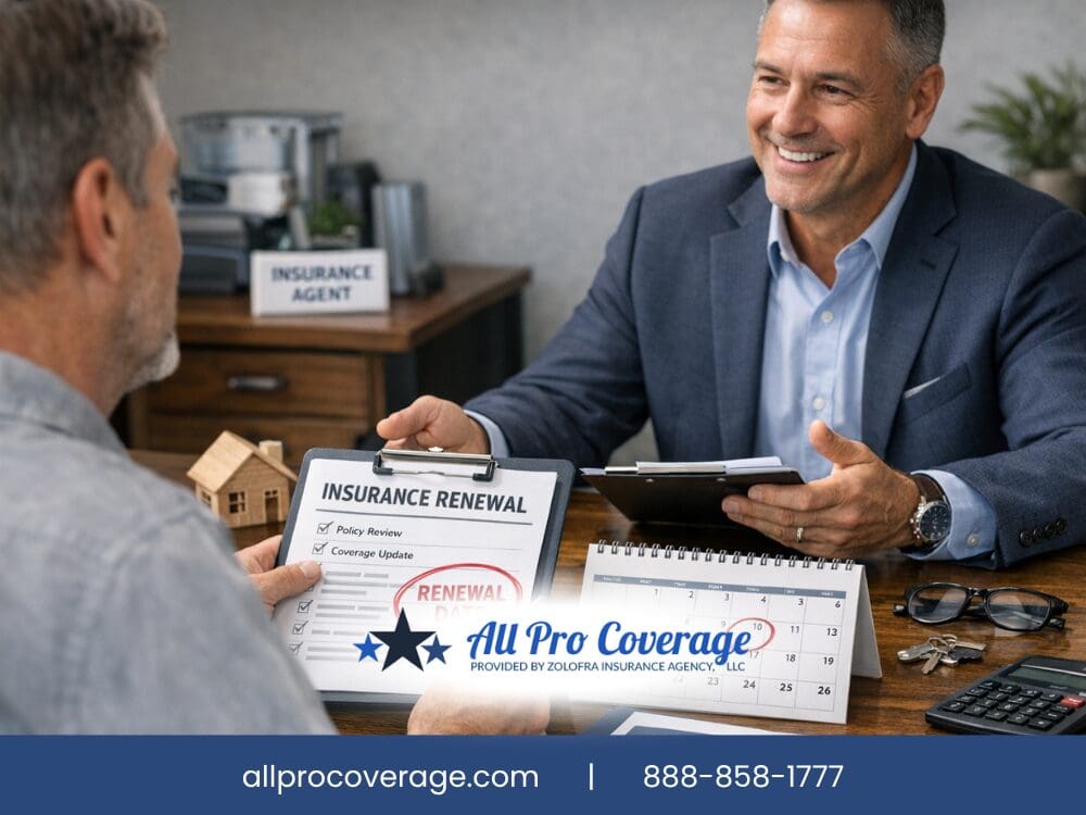 Insurance agent discussing renewal details with a client in an office setting.
