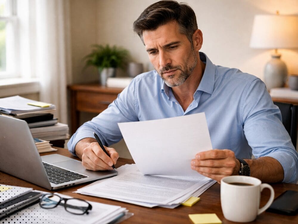 Man reviewing documents and working at his desk with a laptop and coffee cup.