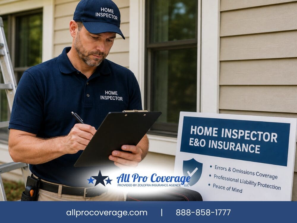 Home inspector completing paperwork beside an E&O insurance sign.