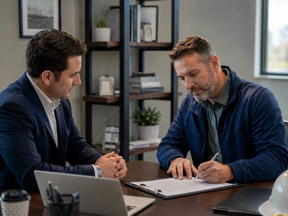 Business professional signing insurance documents during a meeting.