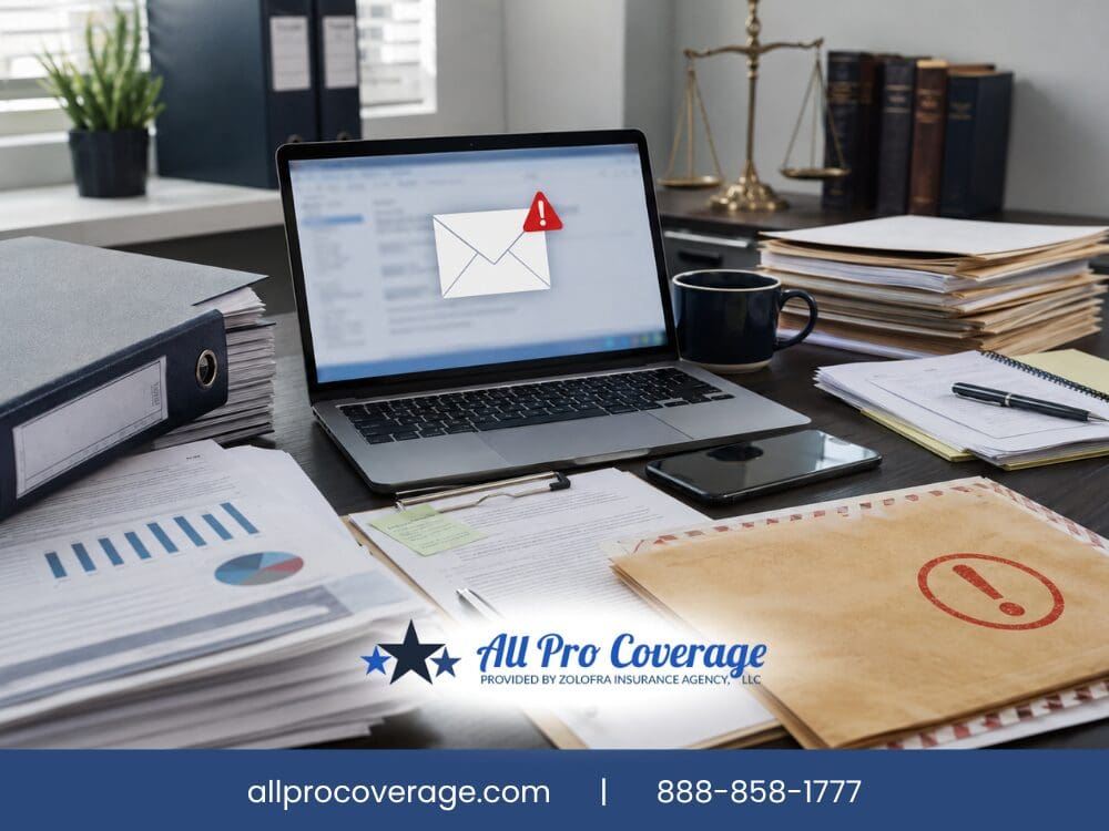 Laptop displaying email alert beside documents and office supplies