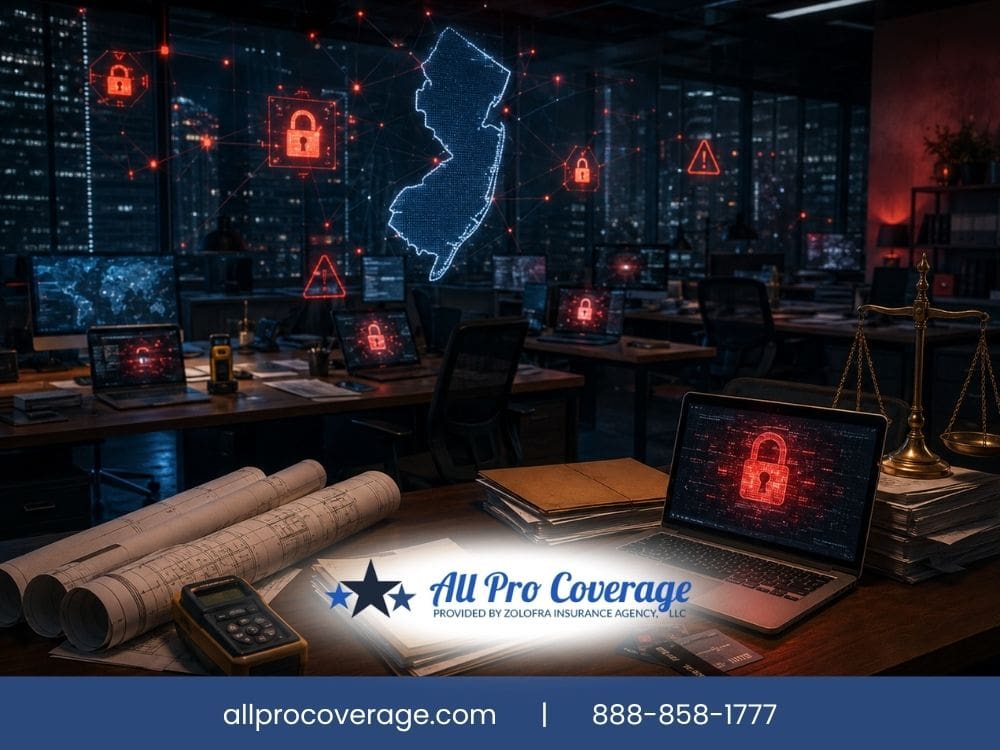 Cyber liability insurance concept with security alerts and New Jersey map.