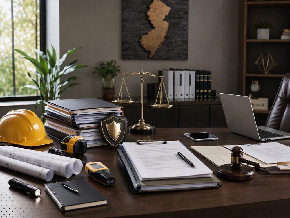 Professional workspace with legal documents, construction tools, and insurance materials