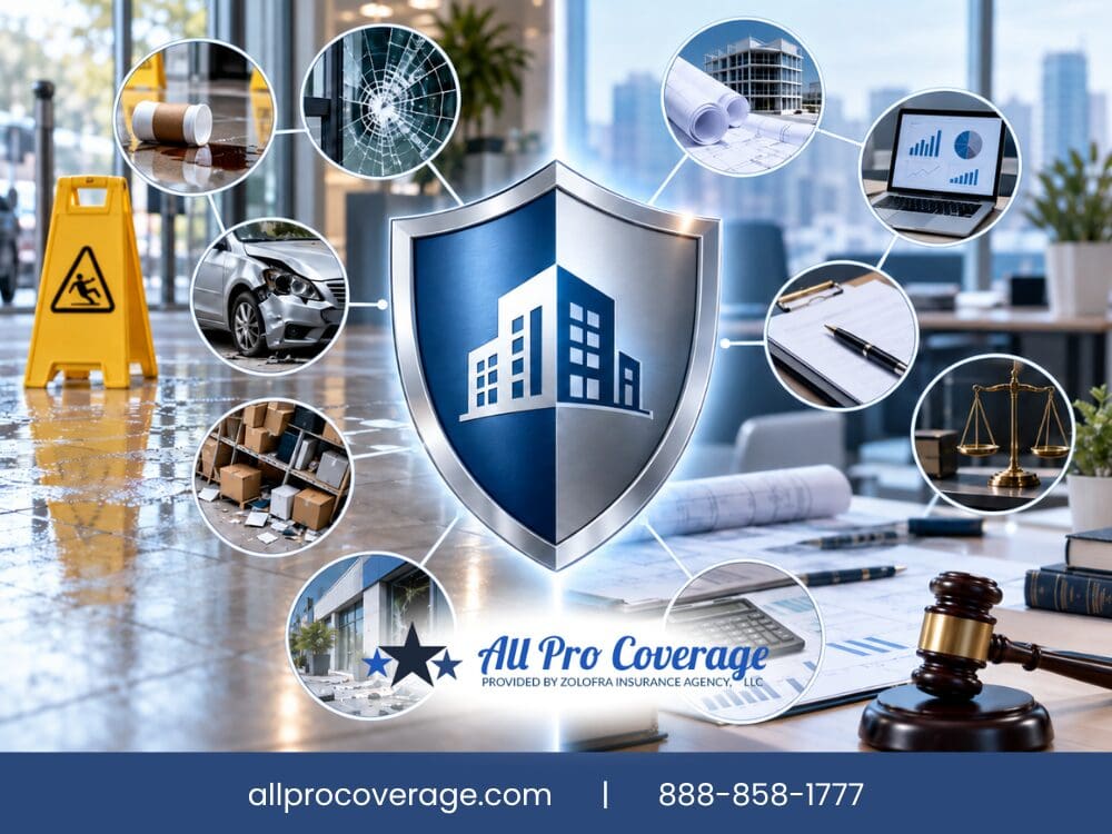 Commercial insurance protection concept with business property and legal symbols.