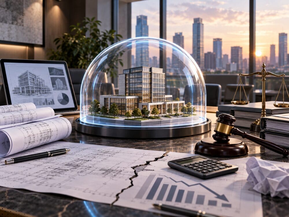Commercial construction risk planning and insurance coverage concept