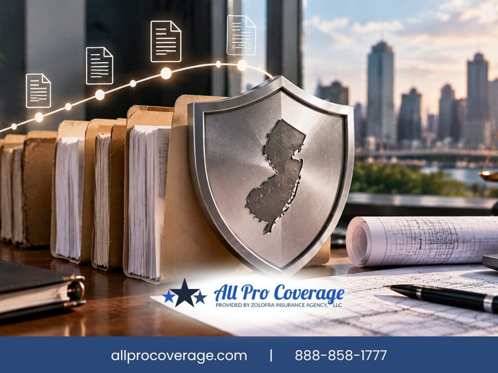 New Jersey insurance coverage and policy documentation by All Pro Coverage, featuring property records and construction plans.