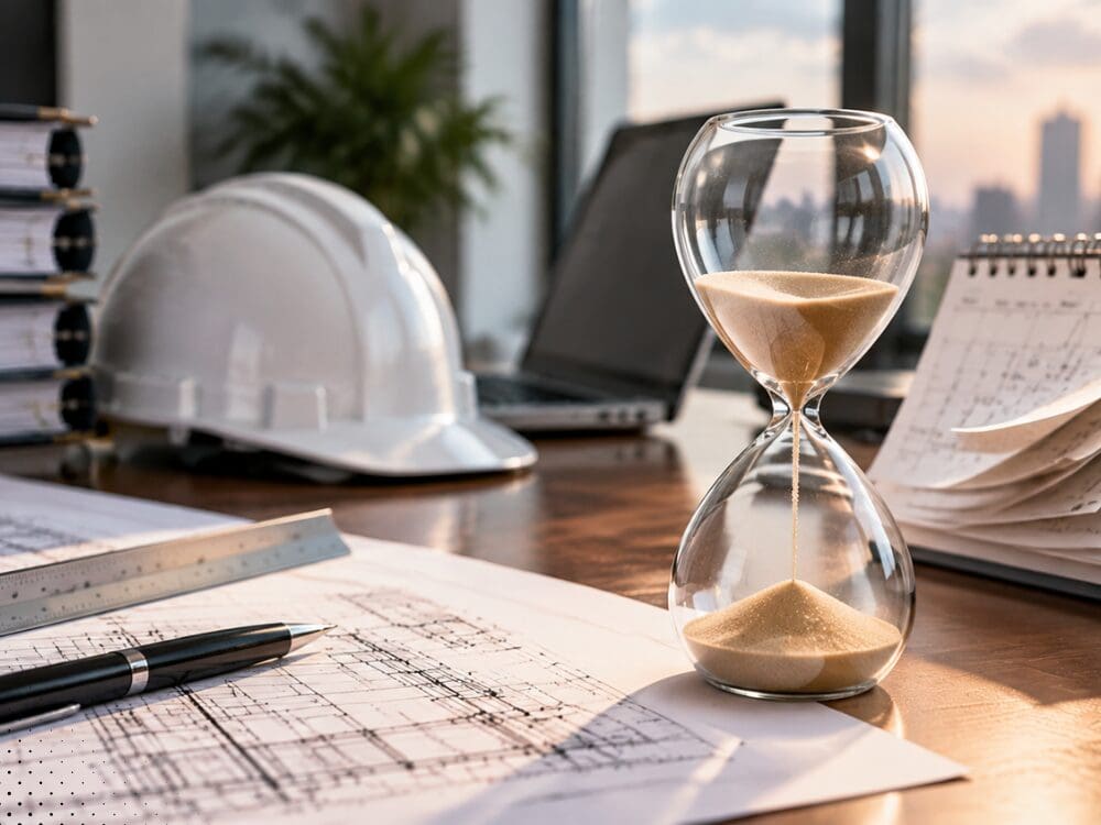 Construction project planning with blueprints, safety helmet, and hourglass representing insurance deadlines and time-sensitive coverage.
